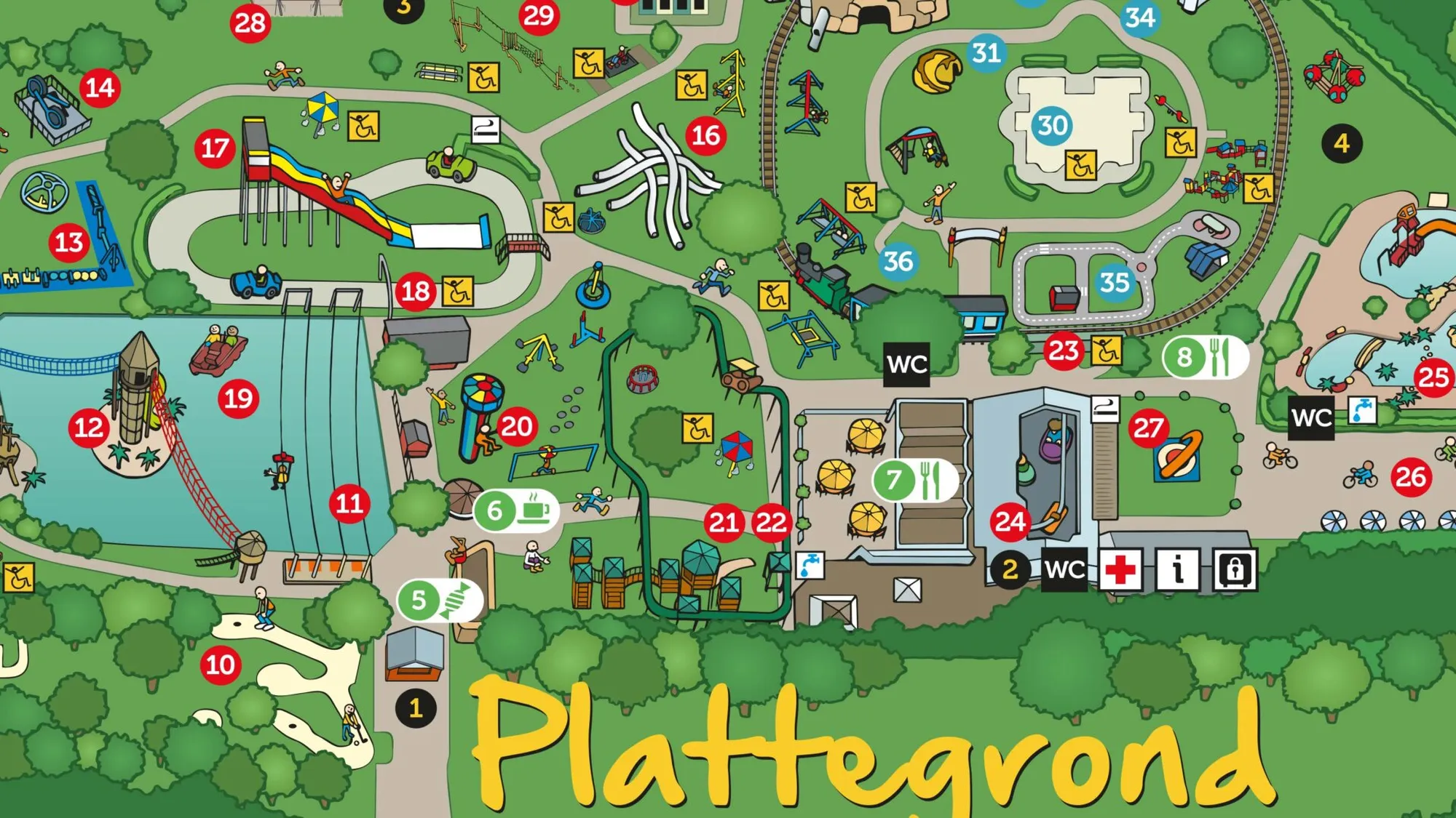 Een gedetailleerde plattegrond van het gehele park inclusief de kartbaan.